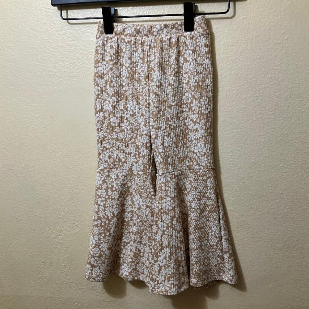 Tullabee Baby Girls Beige/White Floral Elastic Waist Bell Bottom Pants Size 3T